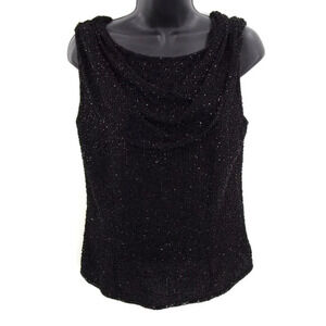 Jkara New York Top Women L Black Sequins Sleeveless Draped Collar Blouse Evening